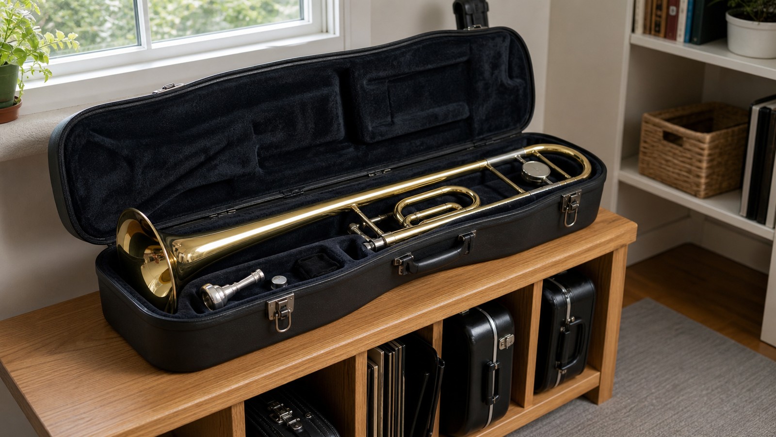 Trombone stored safely in an open fitted case