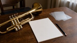 Trumpet beside blank paper and a pencil on a wooden desk