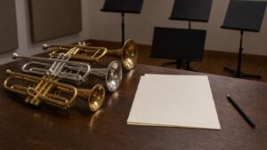 Several trumpets beside blank notation paper on an arranging desk
