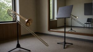 Trombone with slide extended beside a blank music stand in a practice room