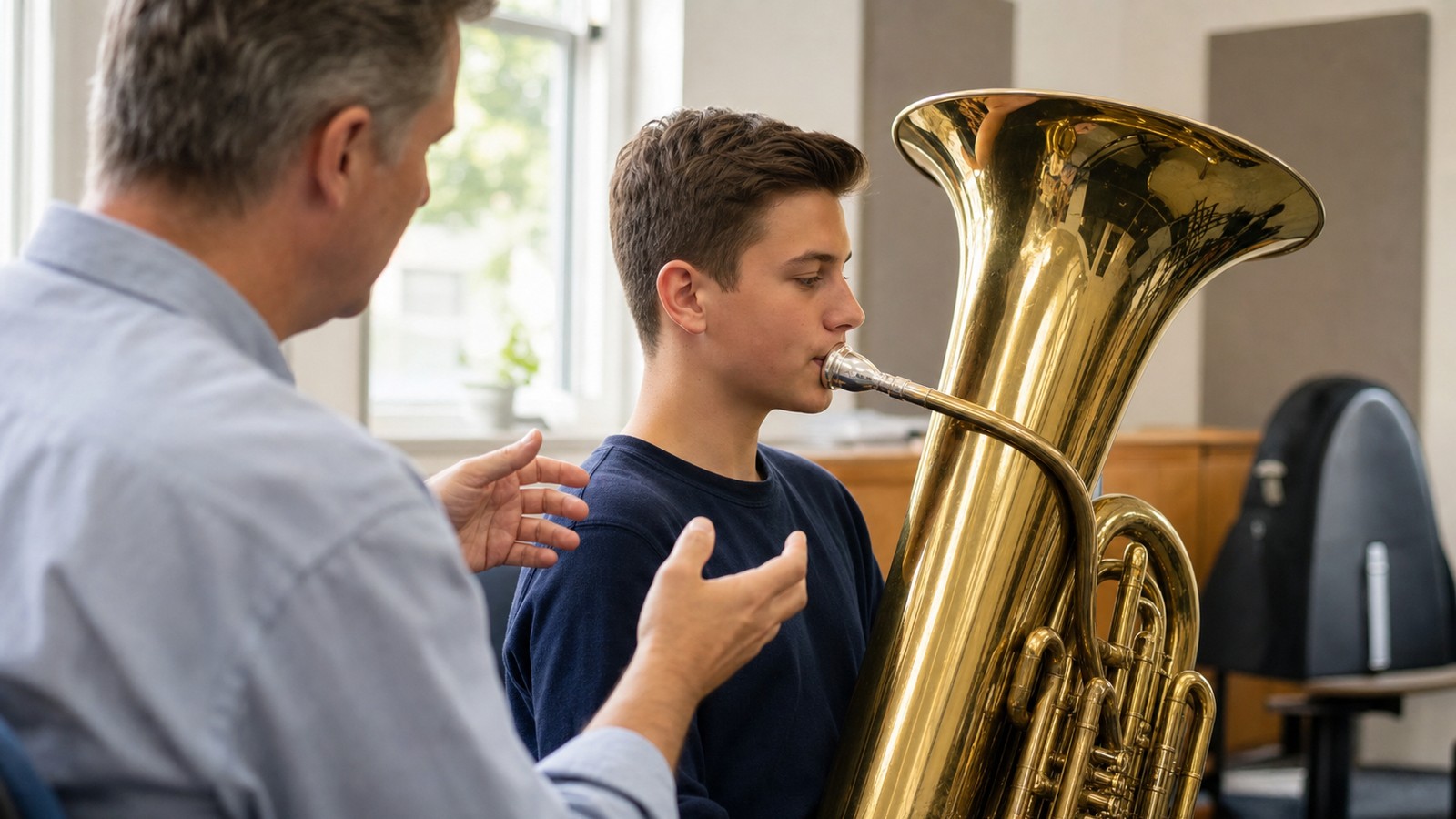 Beginner tuba student practicing embouchure with a teacher in a quiet lesson room