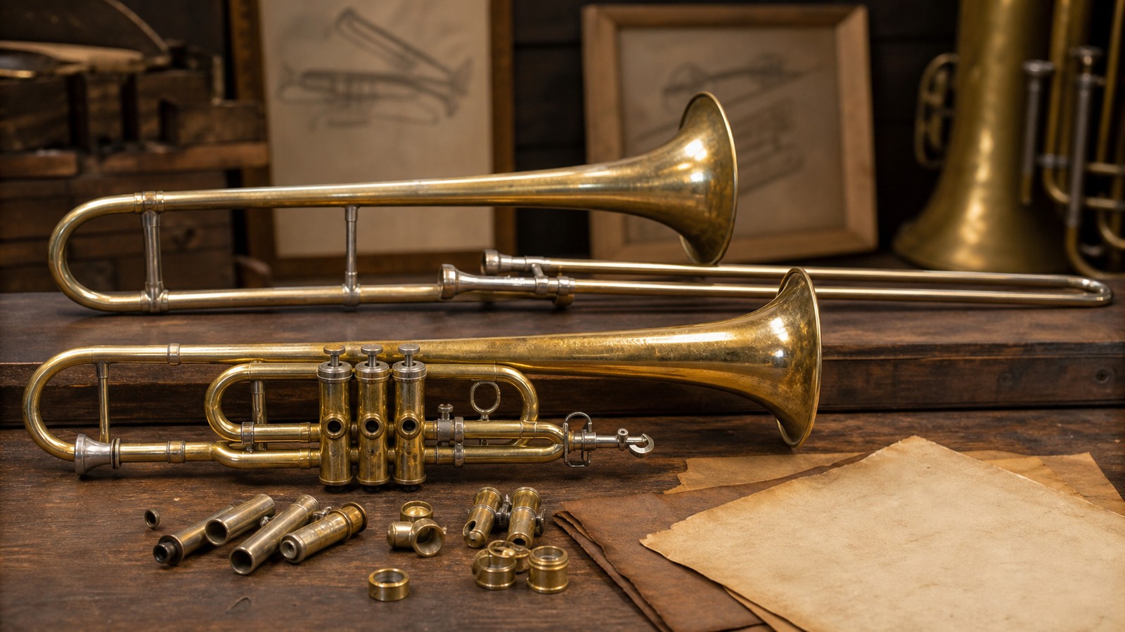 Valve trombone and slide trombone arranged on a brass workshop table