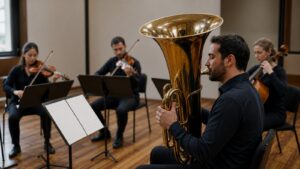 Tuba player practicing soft tone in a small ensemble rehearsal