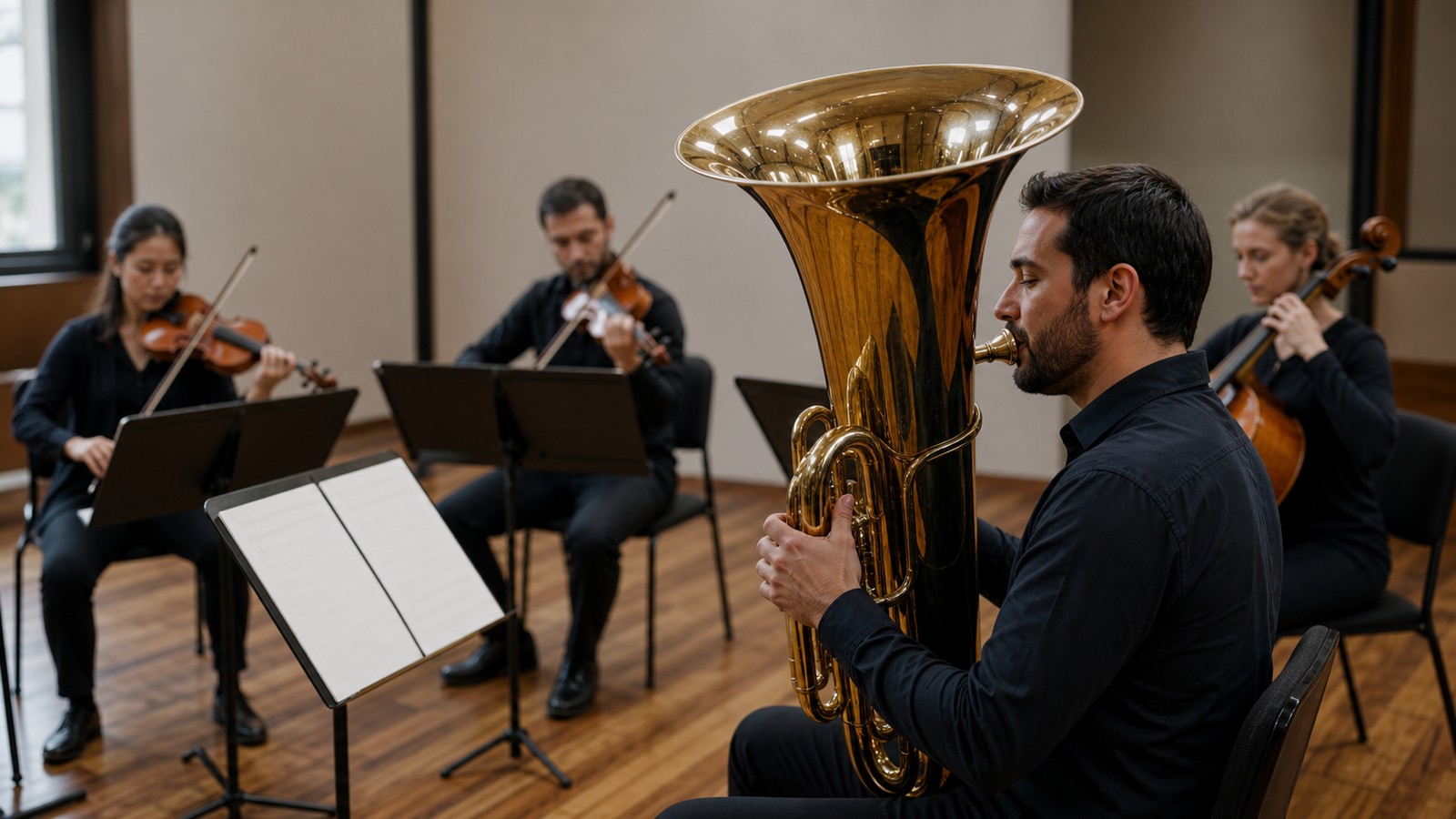 Tuba player practicing soft tone in a small ensemble rehearsal