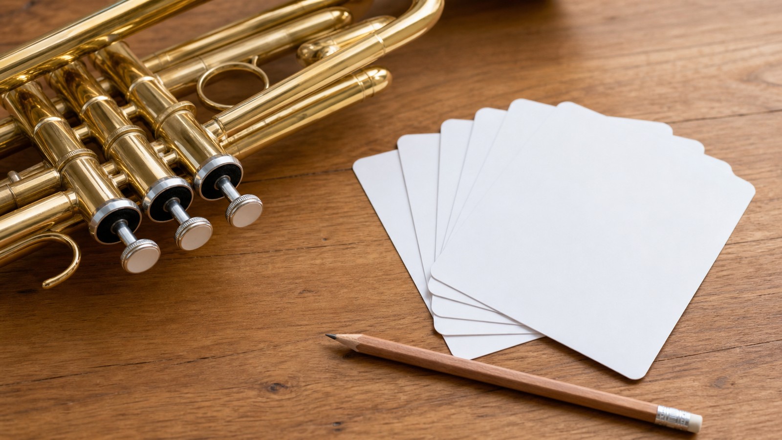 Close-up of trumpet valves beside blank reference cards