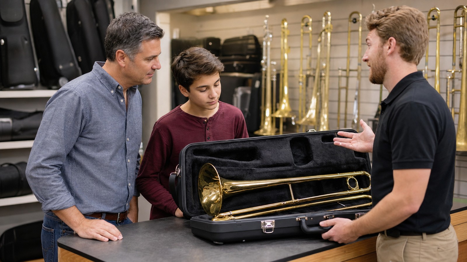 Parent and student considering a trombone rental at a music store counter