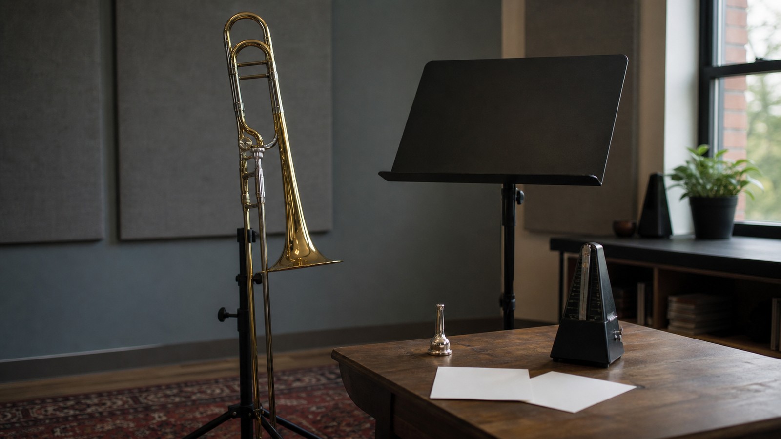 Trombone beside blank music stand mouthpiece metronome and practice cards