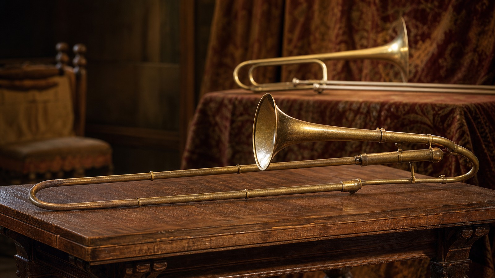 Historic sackbut displayed beside a modern trombone in a quiet music room