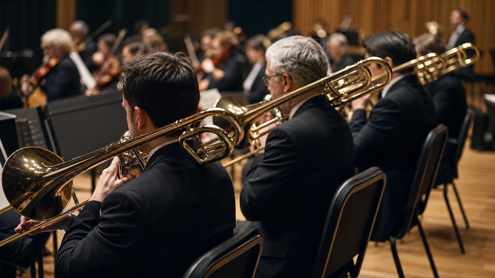 Trombone section performing in a symphony rehearsal hall