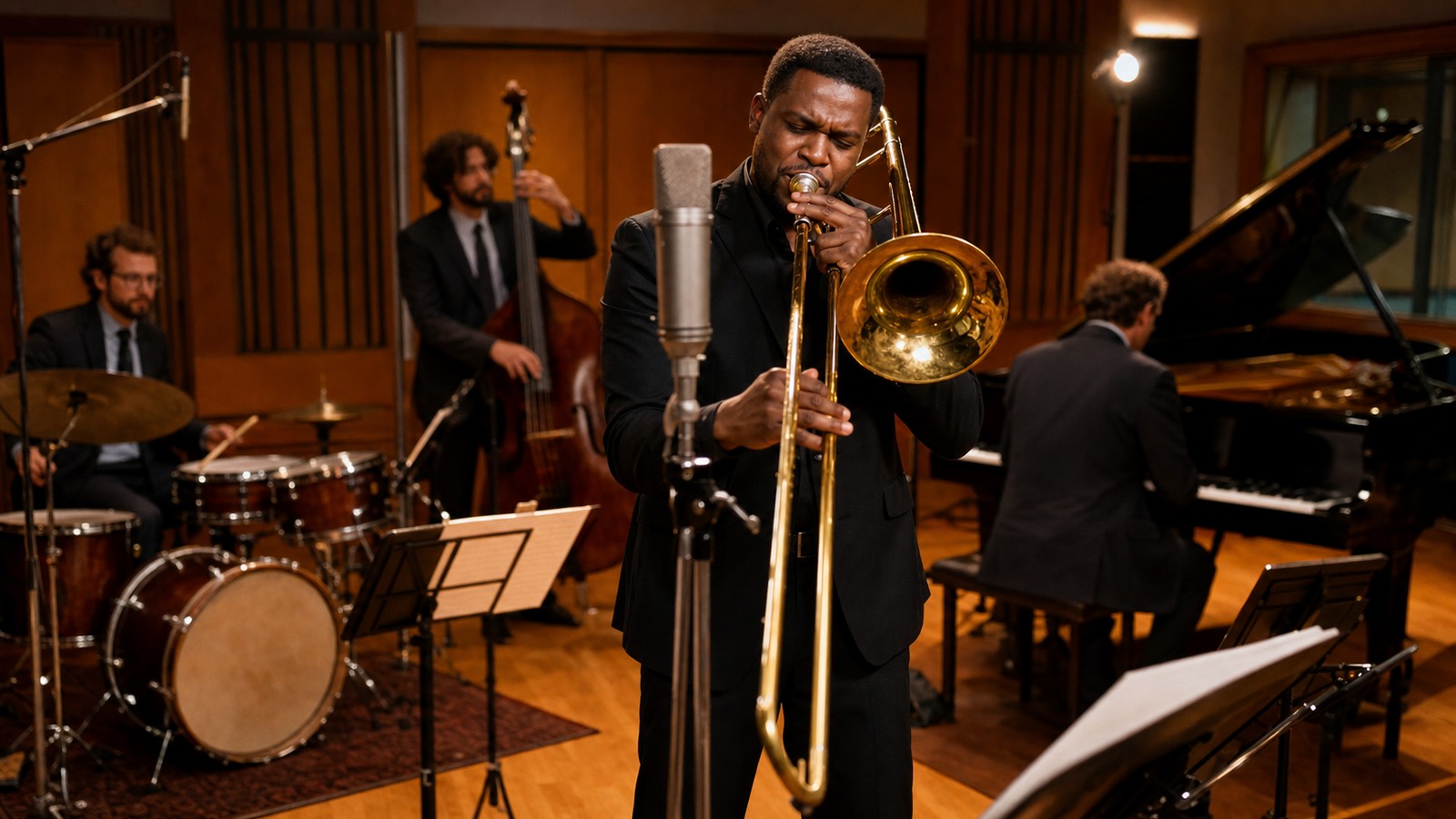 Solo trombonist recording in a jazz and film studio