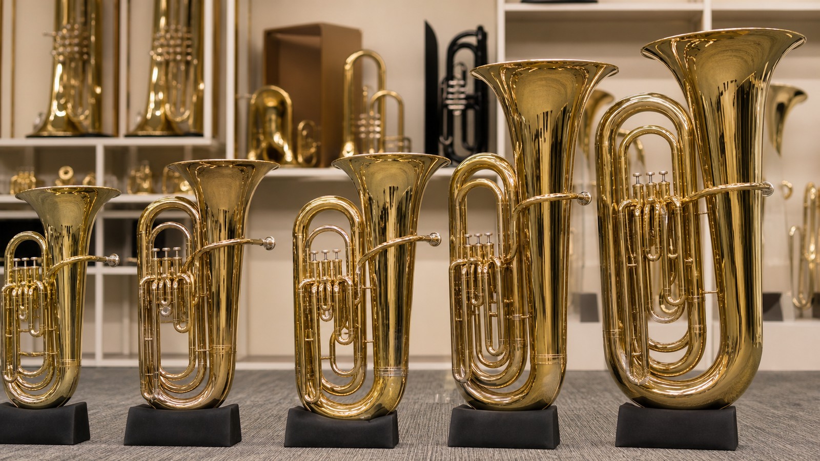 Five beginner student tubas arranged for comparison in an instrument room