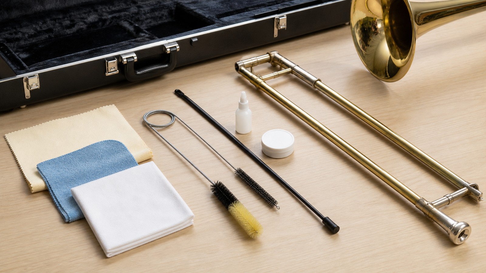 Trombone cleaning kit supplies arranged beside an open case