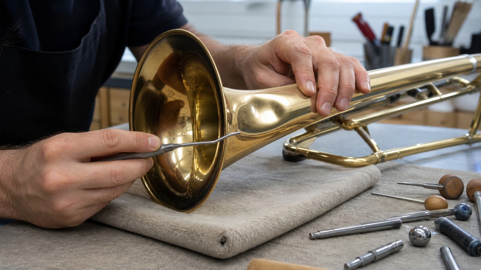 Technician inspecting a trombone dent on a repair bench