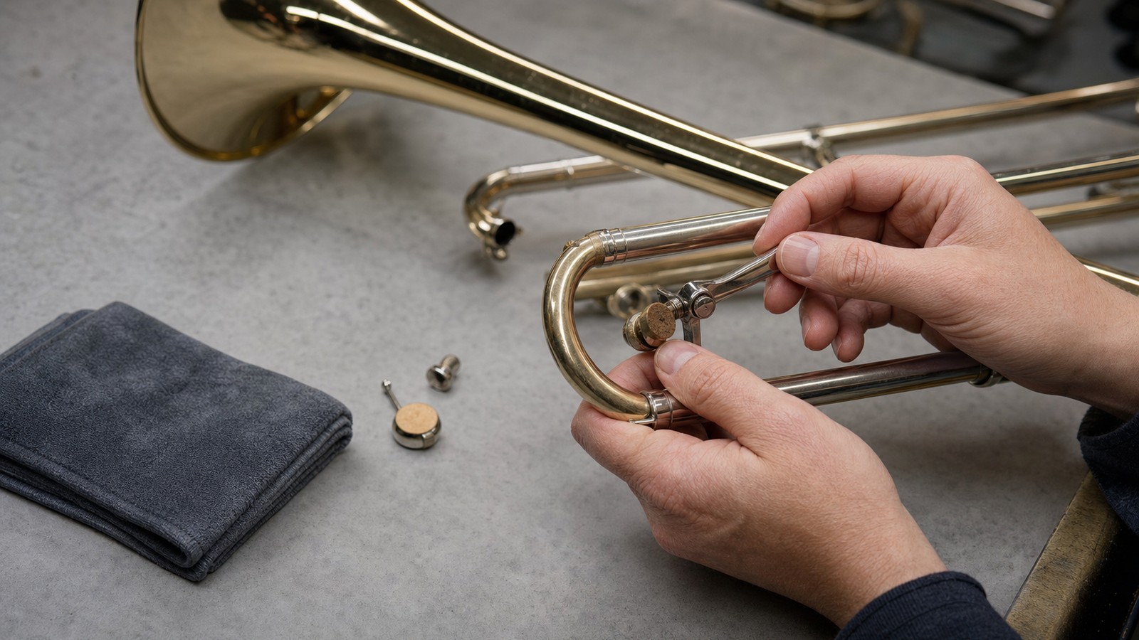 Hands checking a trombone water key on a maintenance bench