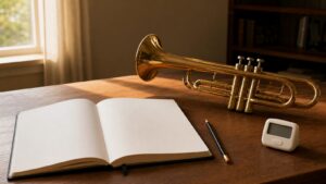 Trumpet beside an open blank practice journal and blank timer