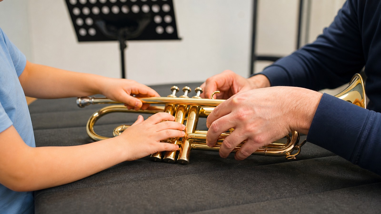 Teacher helping a young student position a trumpet in a lesson room