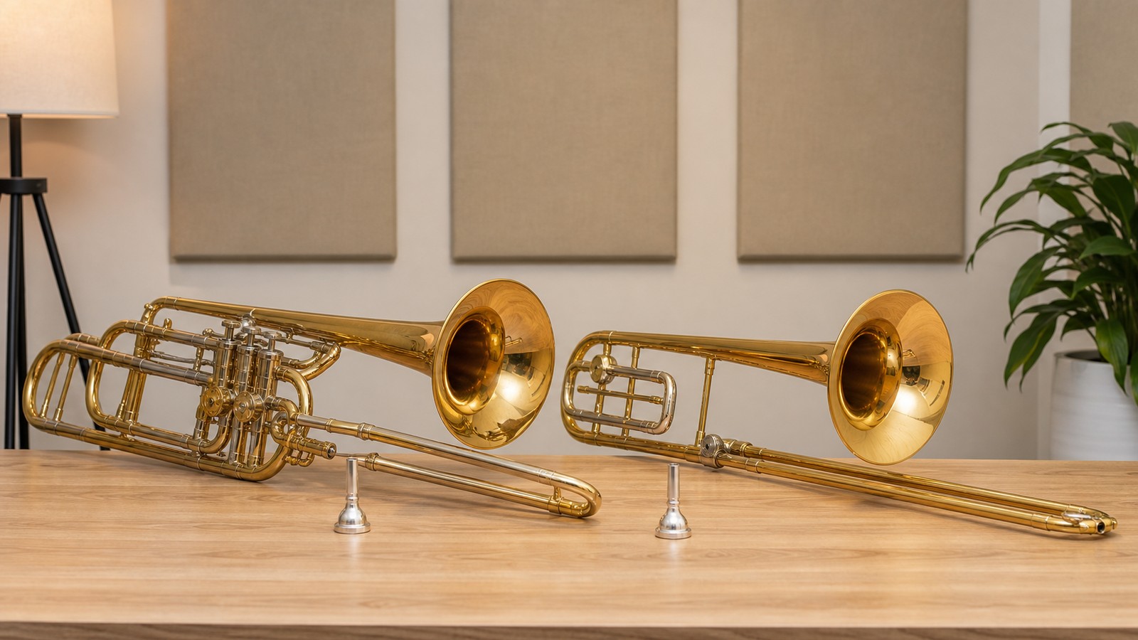 Bass trombone and tenor trombone compared side by side