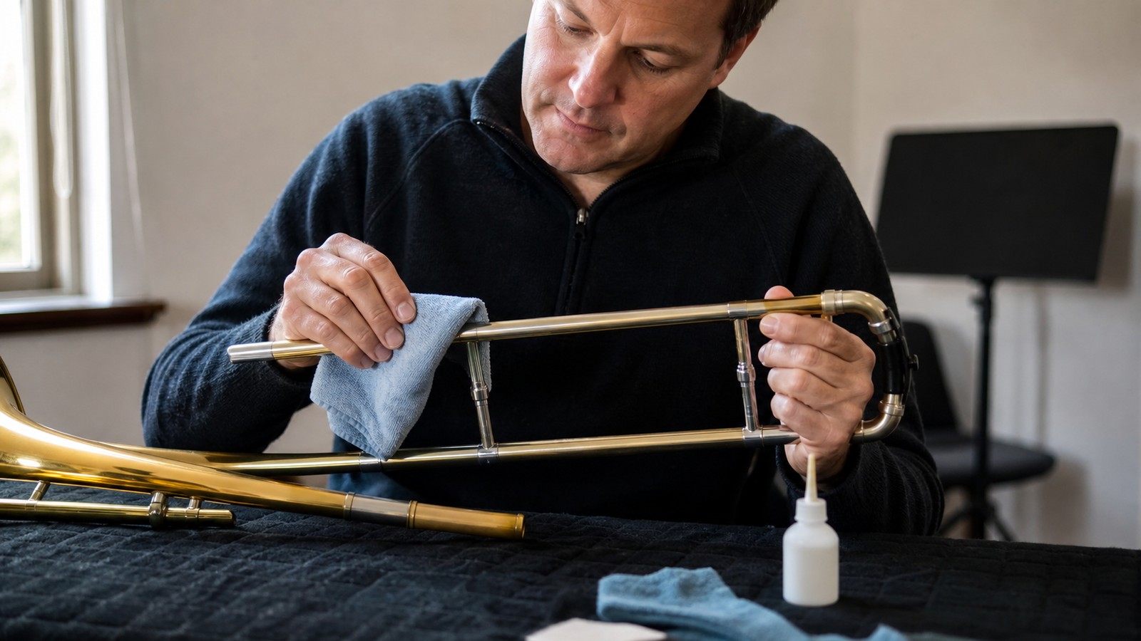 Trombonist inspecting a sticky slide during maintenance