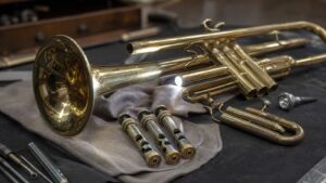 Trumpet on a repair bench with mouthpiece valves slides and inspection light